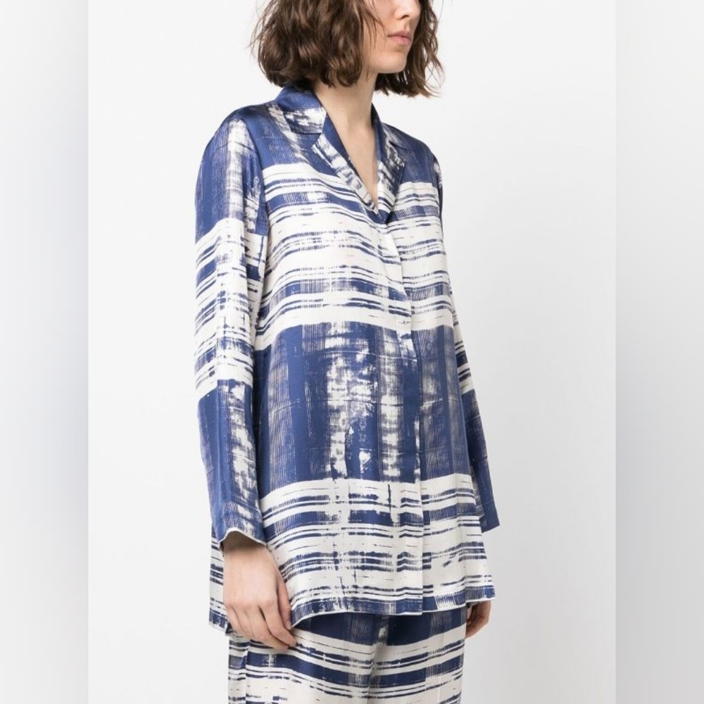 Max Mara Studio Franca Printed 100% Silk Shirt Blouse Abstract Striped Size 10 - Picture 8 of 16